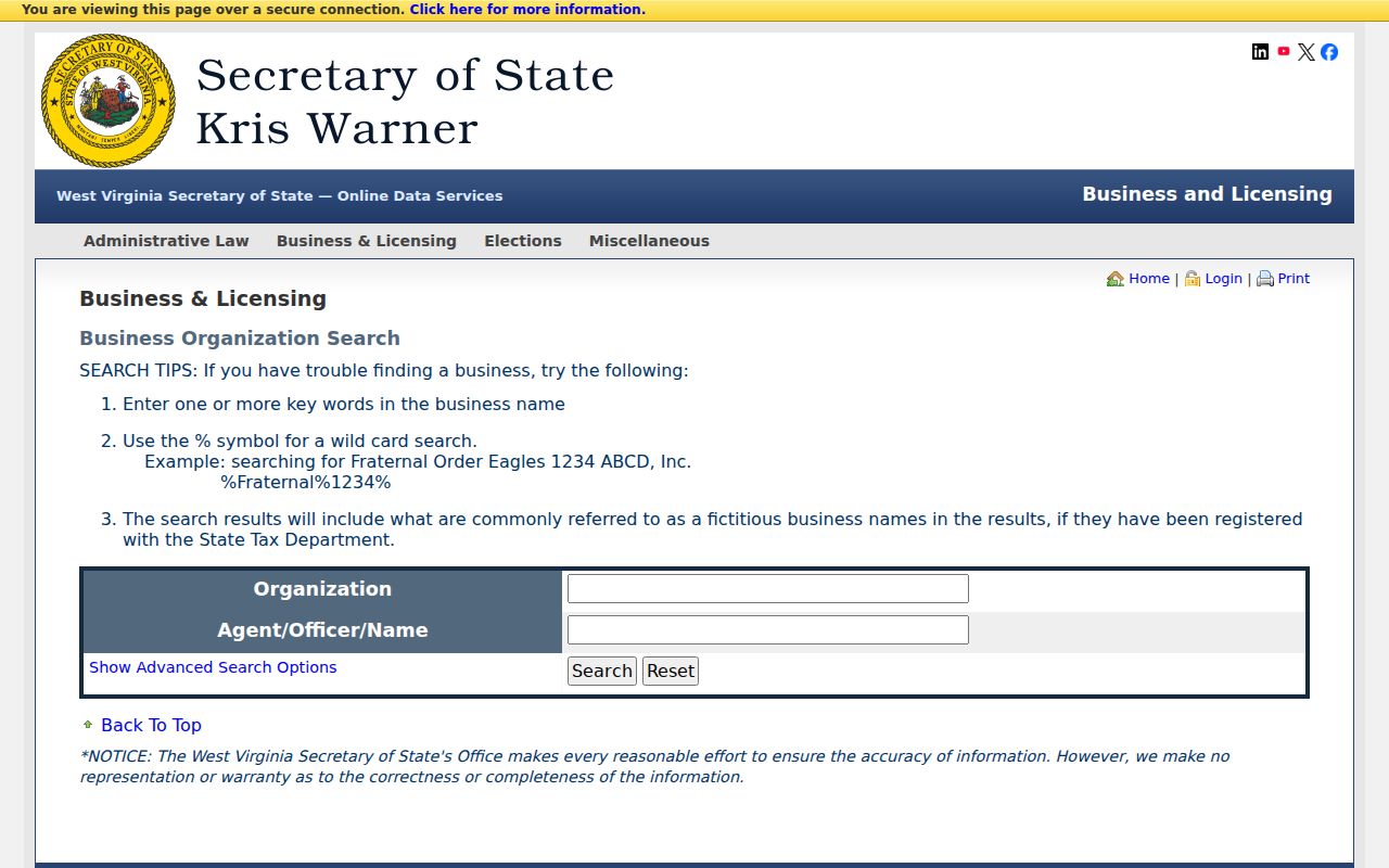 West Virginia Secretary of State business search for Buckhannon name verification