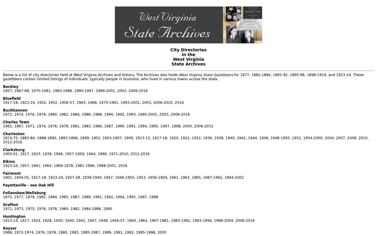 West Virginia State Archives directory holdings page for Buckhannon