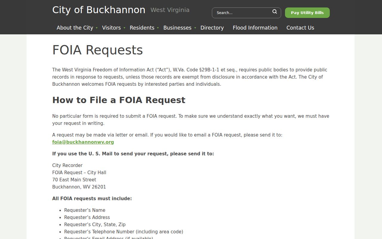Buckhannon residents directory city FOIA request instructions